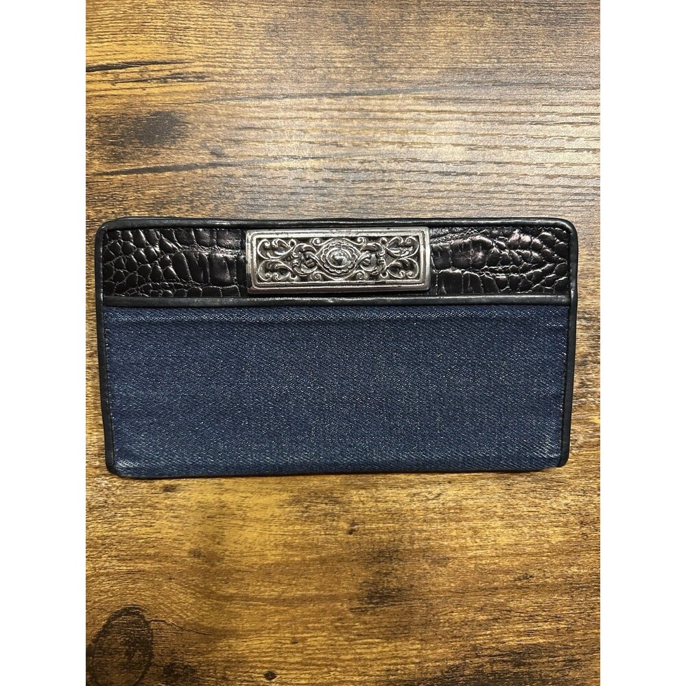 Vintage Brighton Denim Black Croc Leather Trifold Wallet Silver Filigree Plaque